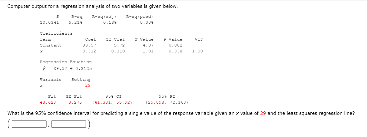 Solved Computer output for a regression analysis of two | Chegg.com