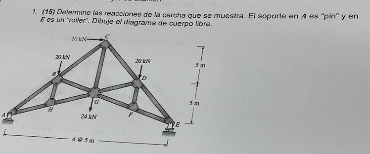 1. (15) Determine las reacciones de la cercha que se muestra. El soporte en \( A \) es pin y en E es un roller. Dibuje el