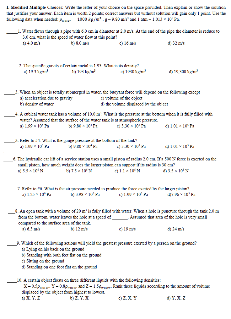Solved I. Modified Multiple Choices: Write the letter of | Chegg.com