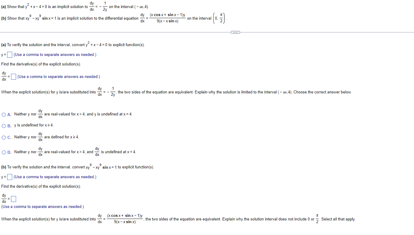 (a) Show That Y2+x−4=0 Is An Implicit Solution To | Chegg.com