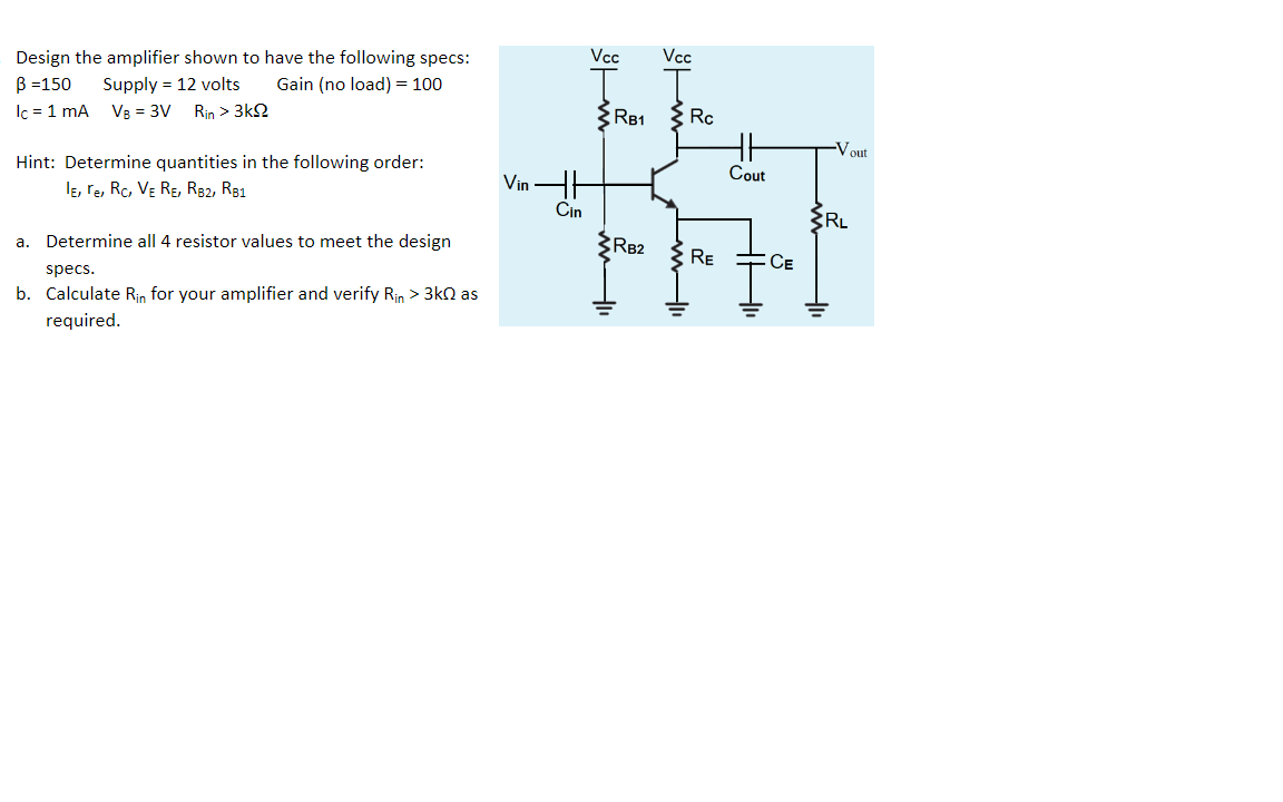 Solved Design The Amplifier Shown To Have The Following | Chegg.com