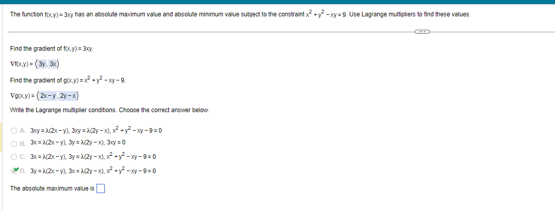 Solved The Function F X Y 3xy Has An Absolute Maximum Value