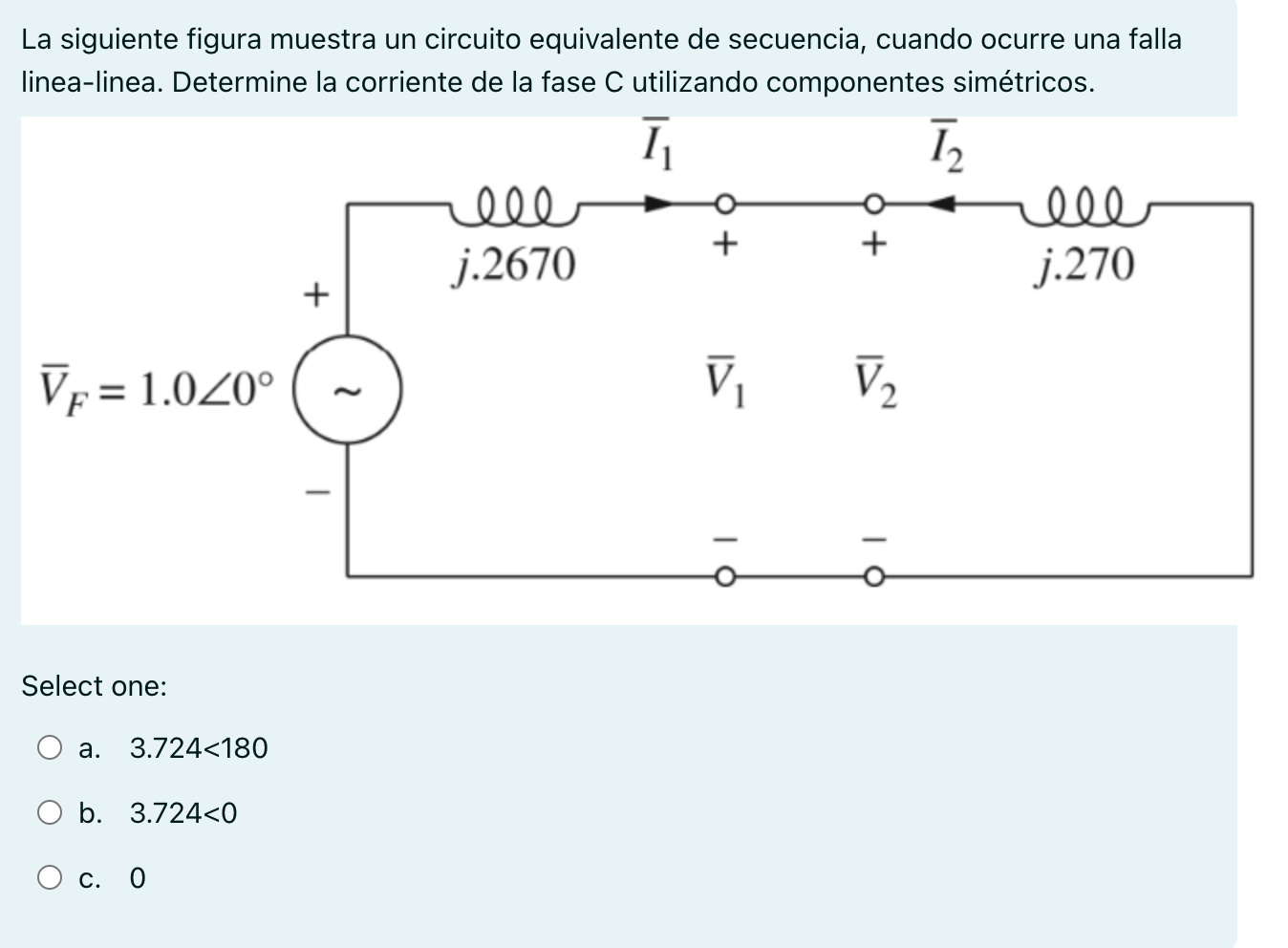 La siguiente figura muestra un circuito equivalente de secuencia, cuando ocurre una falla linea-linea. Determine la corriente