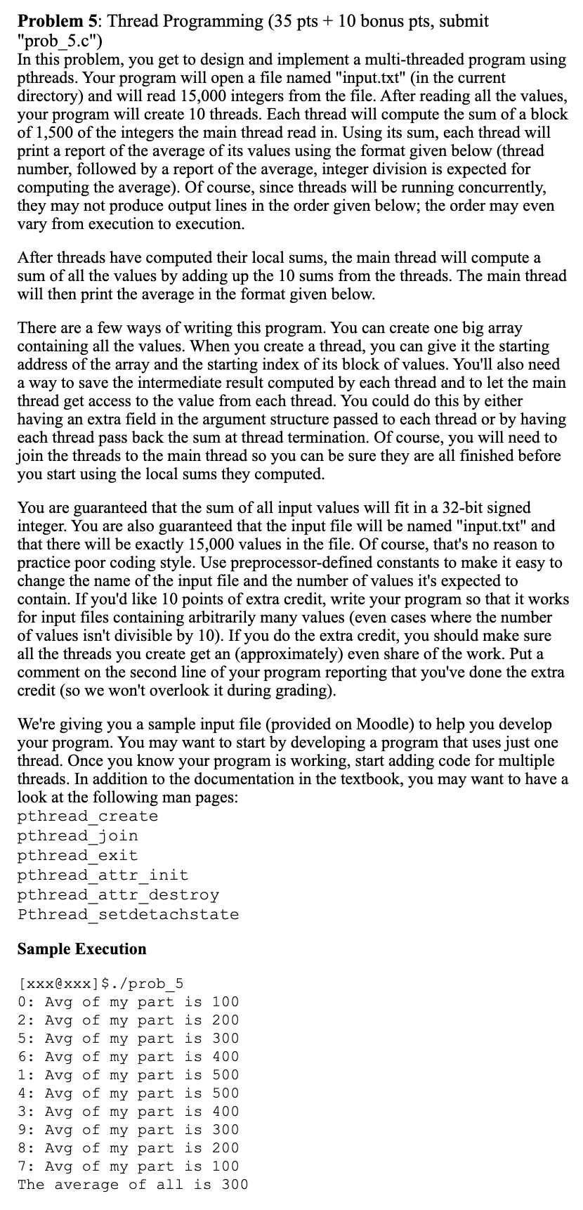 Problem 5: Thread Programming (35 pts + 10 bonus pts, | Chegg.com