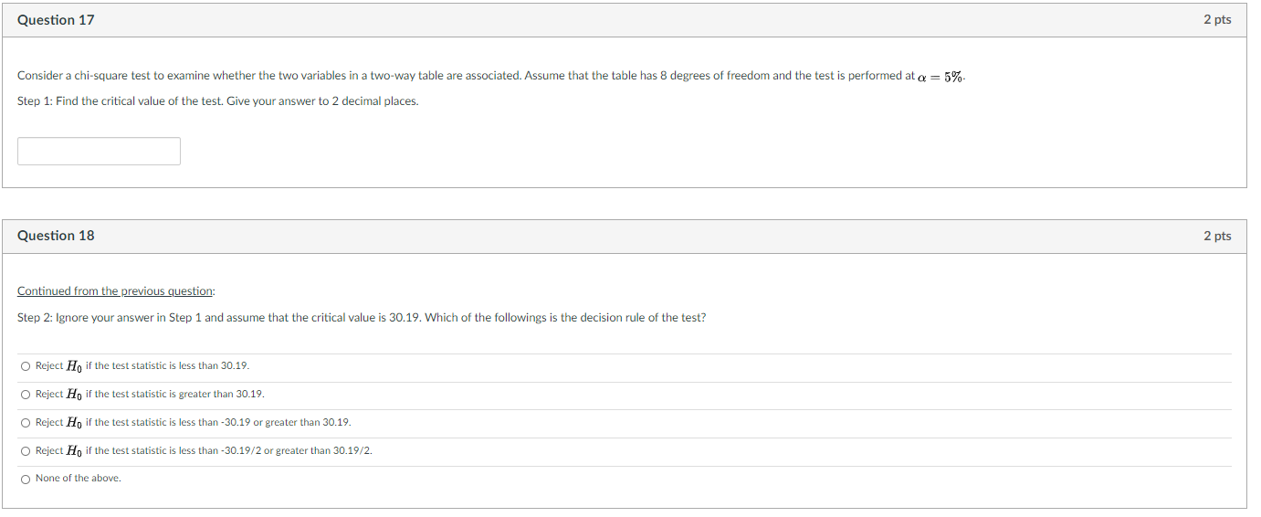 Solved Question 17 2 Pts Consider A Chi Square Test To Chegg Com