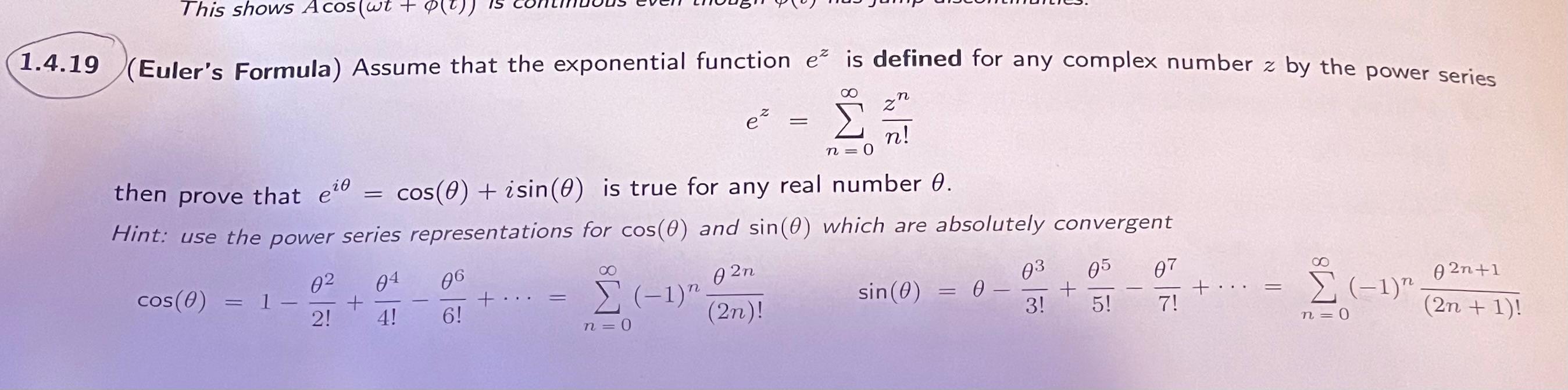Solved This shows Acos(wt + P(), 1.4.19 (Euler's Formula) | Chegg.com