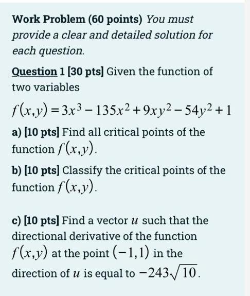 Solved Work Problem (60 points) You must provide a clear and | Chegg.com