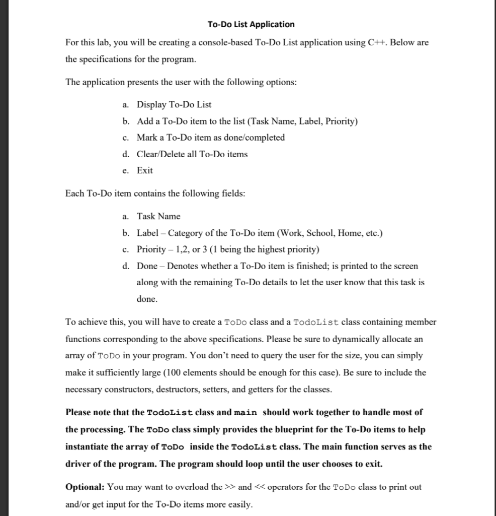 Solved To-Do List Application For This Lab, You Will Be | Chegg.com