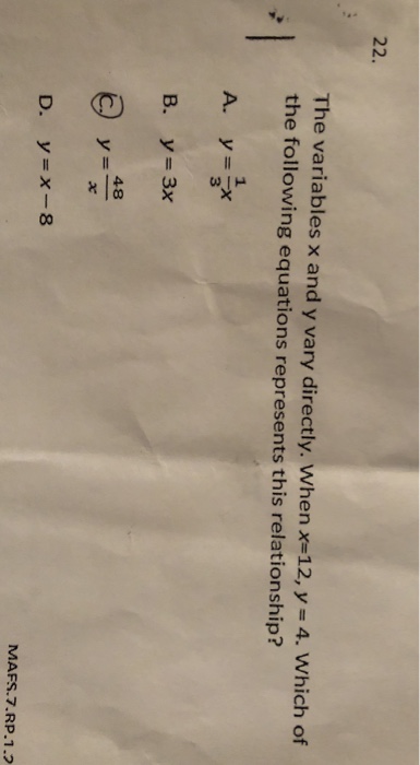 Solved 22. The variables x and y vary directly, when x=12, y | Chegg.com