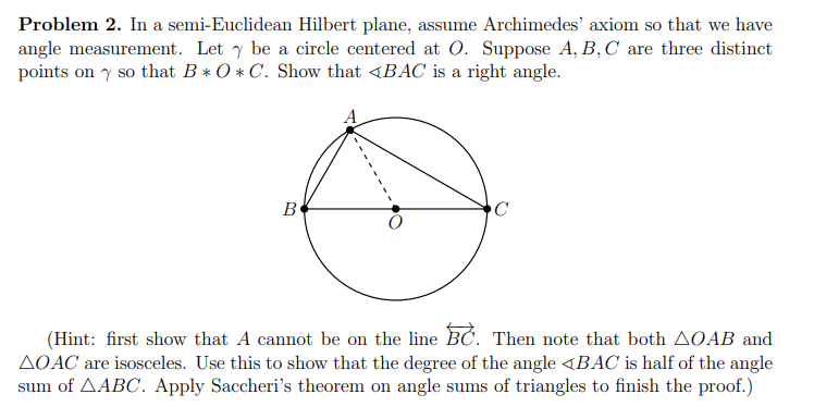 Solved Problem 2. In a semi-Euclidean Hilbert plane, assume | Chegg.com