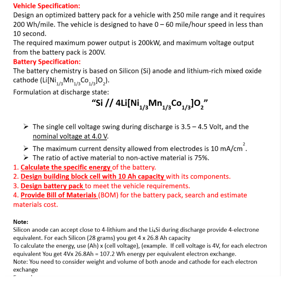 Solved Vehicle Specification: Design an optimized battery | Chegg.com