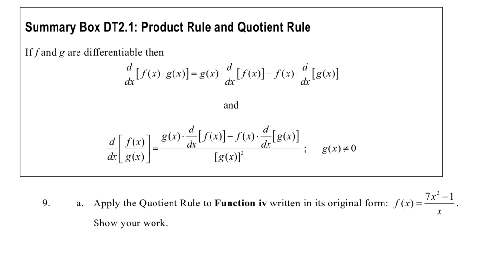 Solved Summary Box Dt2 1 Product Rule And Quotient Rule Chegg Com
