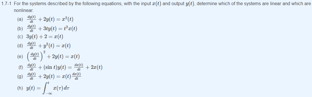 Solved 1.7-1 For the systems described by the following | Chegg.com