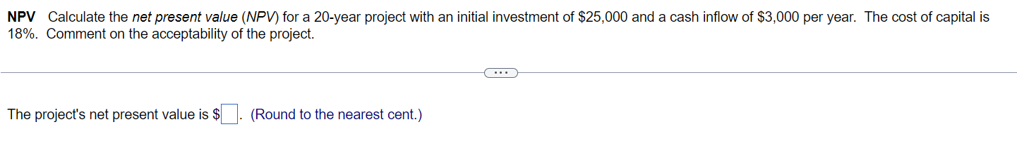 Solved NPV Calculate the net present value (NPV) for a 20 | Chegg.com