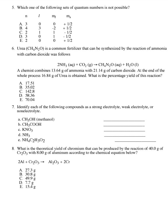 Solved 5. Which one of the following sets of quantum numbers | Chegg.com