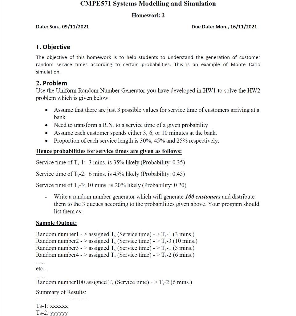 CMPE571 Systems Modelling and Simulation Homework 2 | Chegg.com