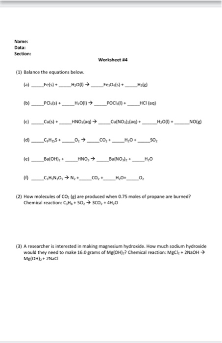 Solved Name: Data: Section: Worksheet #4 (1) Balance the | Chegg.com