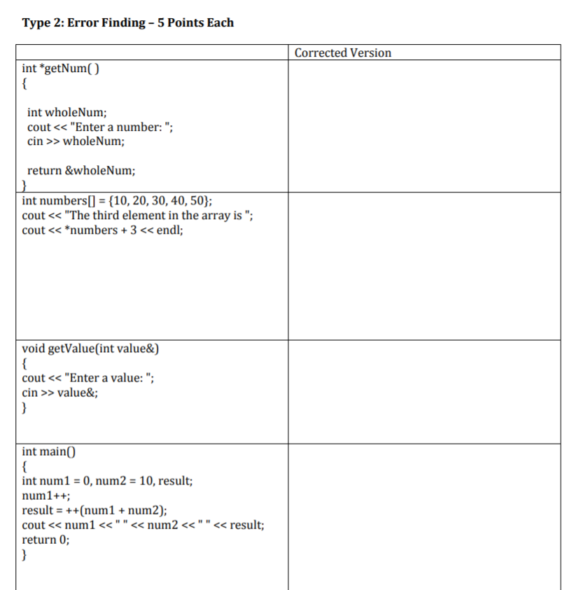 Solved Type 2: Error Finding - 5 Points Each Corrected | Chegg.com