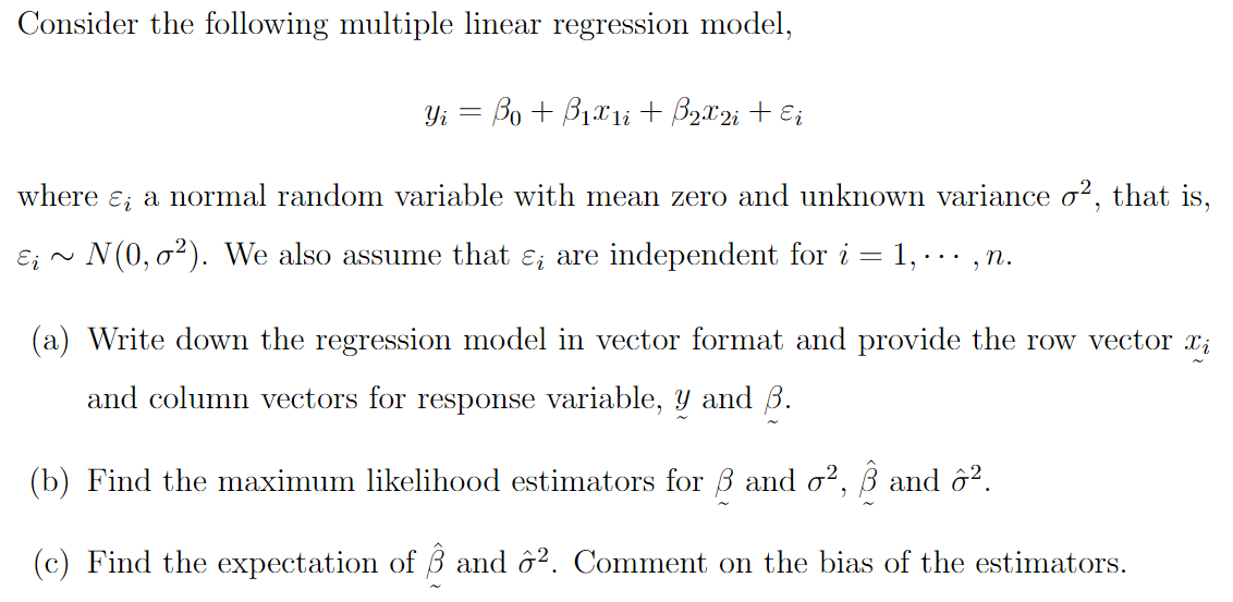 Solved Consider The Following Multiple Linear Regression | Chegg.com