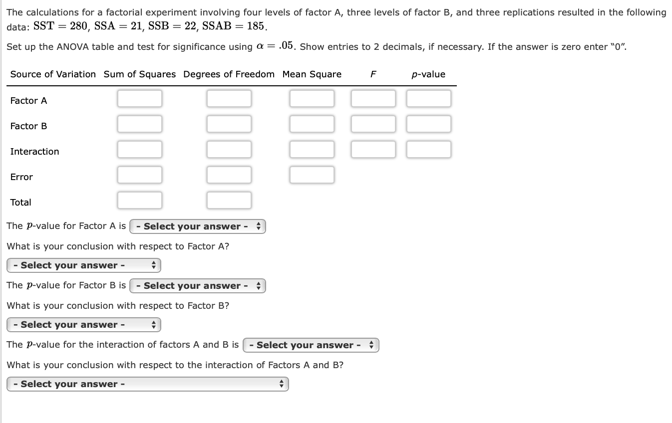 Solved The Calculations For A Factorial Experiment Involving | Chegg.com