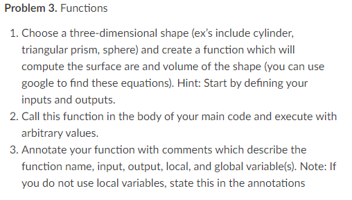 Solved Problem 3. Functions 1. Choose a three-dimensional | Chegg.com