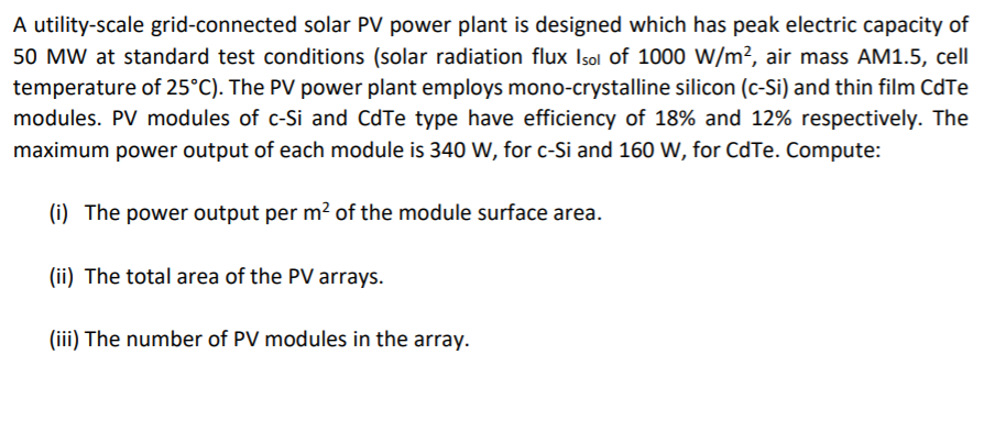 Solved A utility-scale grid-connected solar PV power plant | Chegg.com