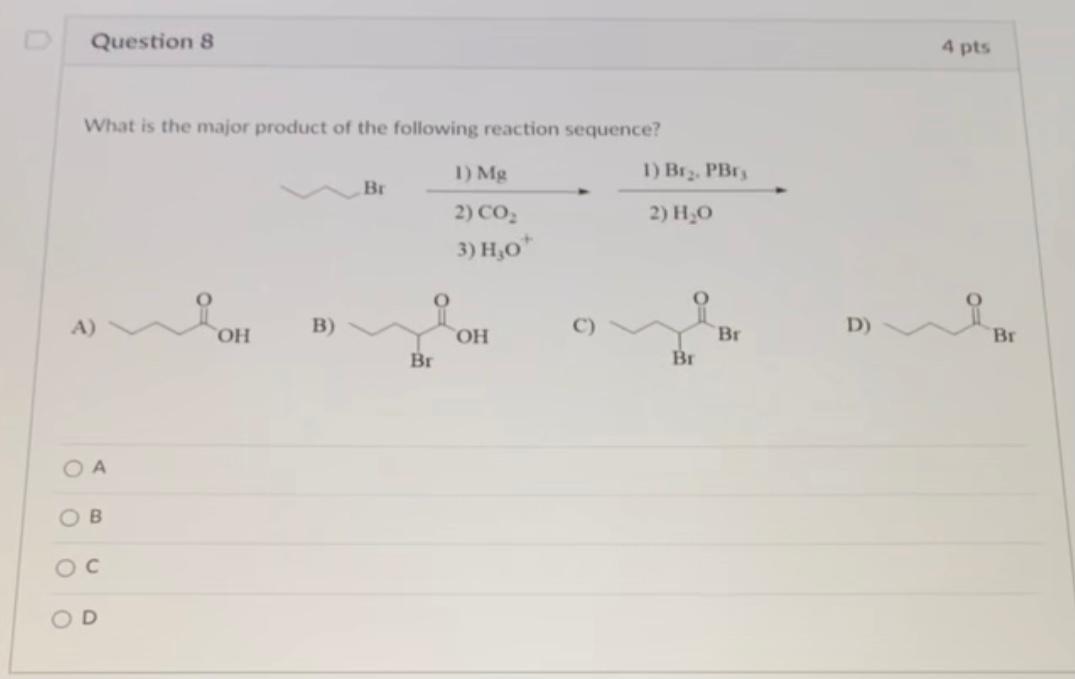 Solved Question 8 4 pts What is the major product of the | Chegg.com