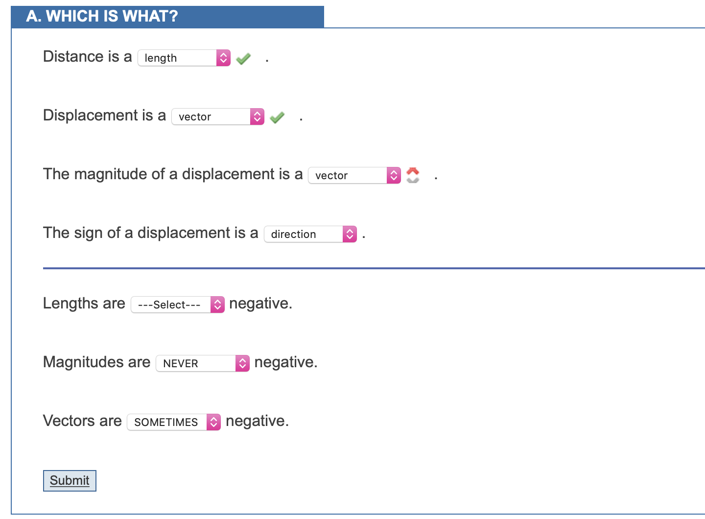 Solved Distance is a Displacement is a The magnitude of a | Chegg.com