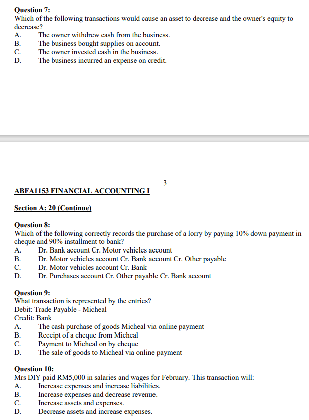 Solved Question 7: Which of the following transactions would | Chegg.com