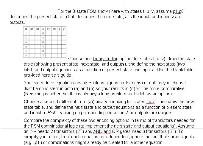 Solved For the 3-state FSM shown here with states t, u, v, | Chegg.com