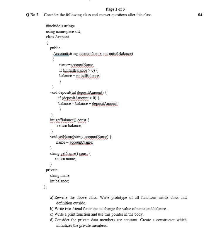 Solved Page 1 of 3 Q No 2. Consider the following class and | Chegg.com