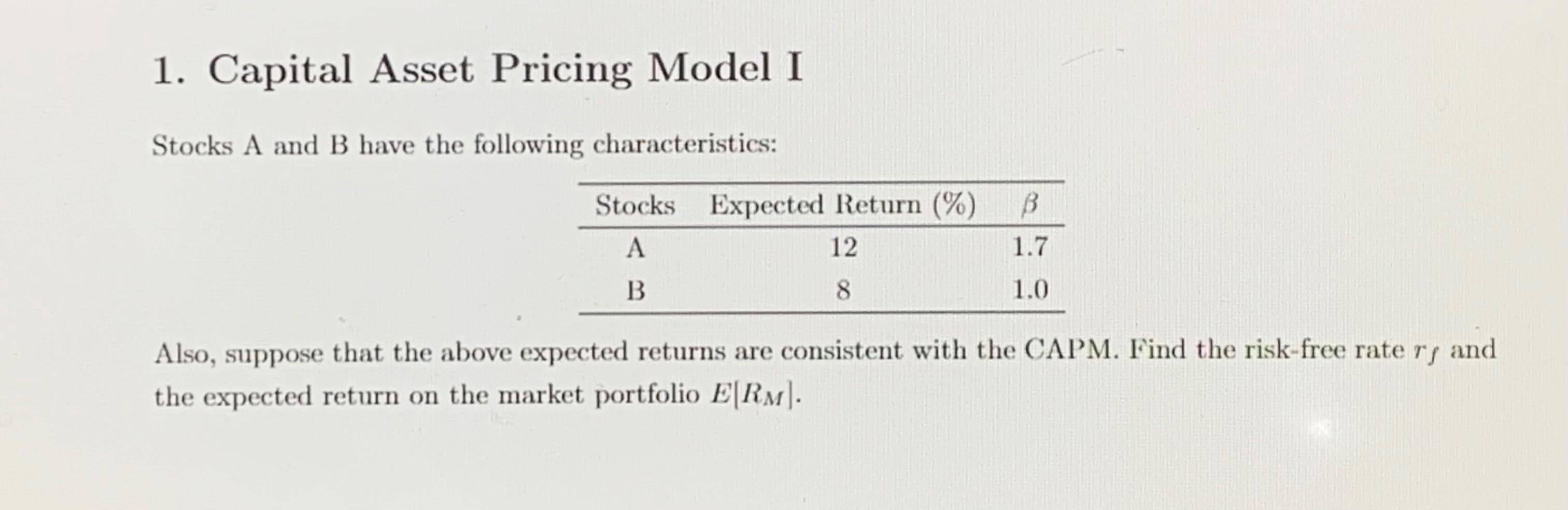 Solved 1. Capital Asset Pricing Model I Stocks A and B have | Chegg.com