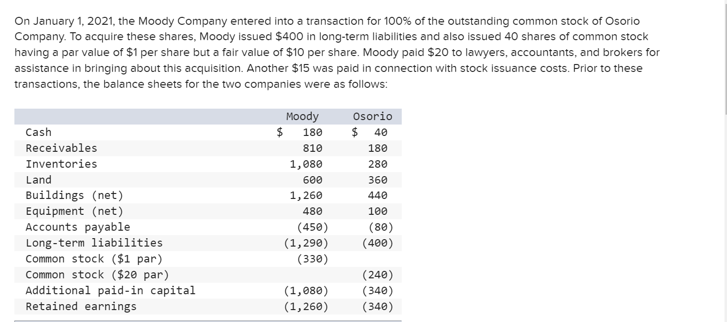 Solved On January 1, 2021, the Moody Company entered into a