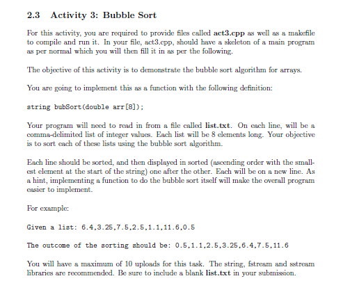 Solved 2.3 Activity 3: Bubble Sort For this activity, you | Chegg.com
