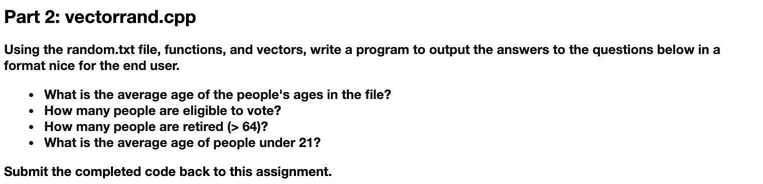 Solved Part 2: vectorrand.cpp Using the random.txt file, | Chegg.com