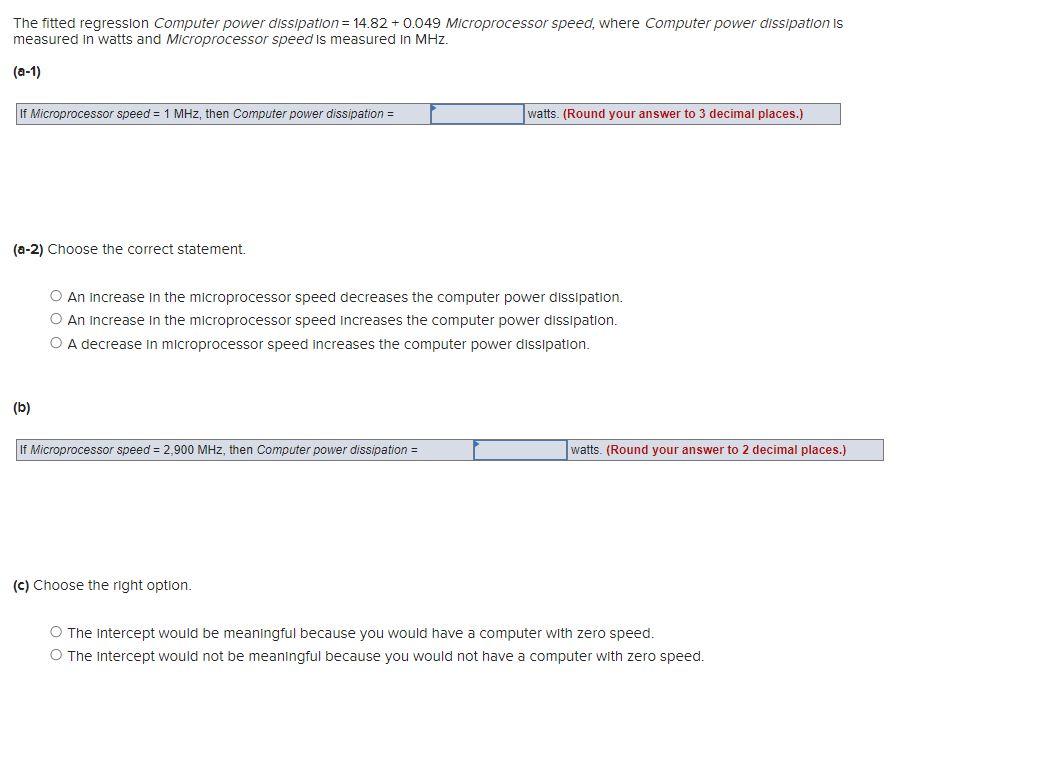 Solved The fitted regression Computer power dissipation | Chegg.com