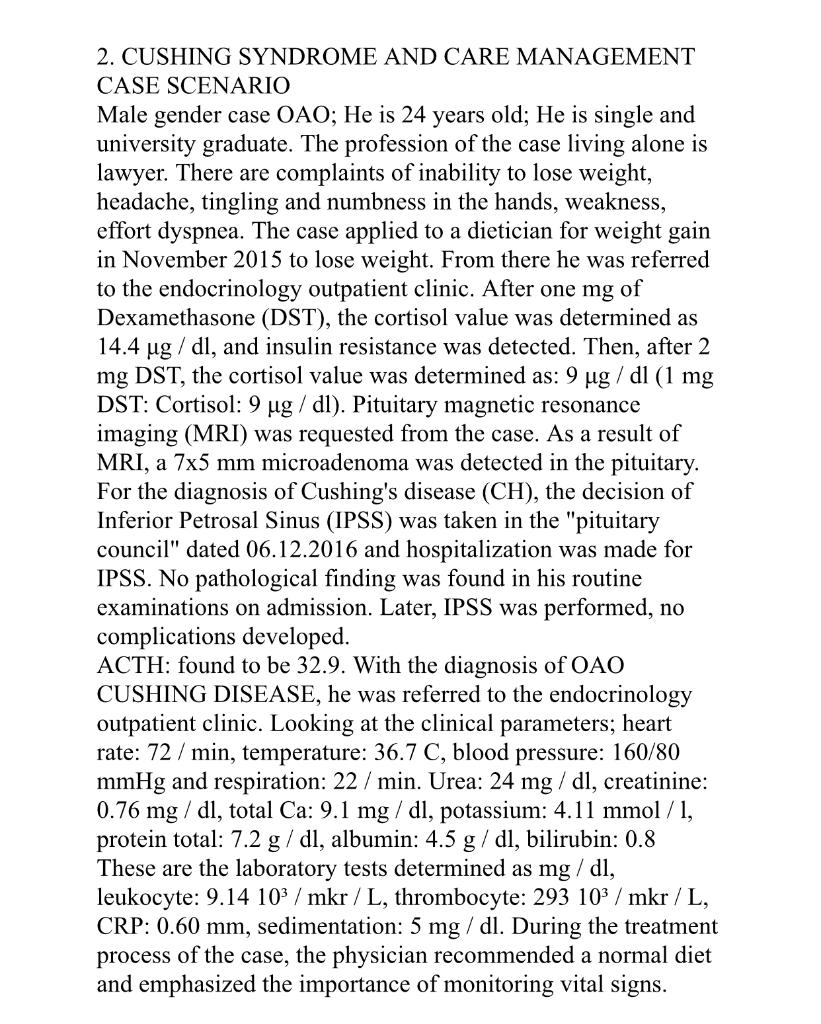 Solved 2. CUSHING SYNDROME AND CARE MANAGEMENT CASE SCENARIO