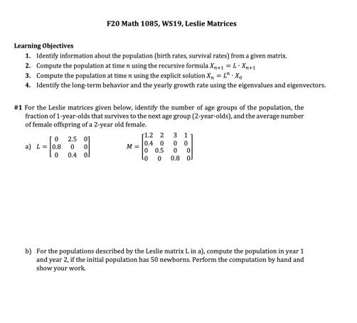 F20 Math 1085, WS19, Leslie Matrices Learning | Chegg.com