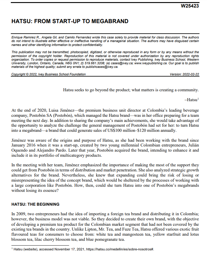 W25423
HATSU: FROM START-UP TO MEGABRAND
Enrique Ramirez R., Angela Gil, and Camilo Fernandez wrote this case solely to provi