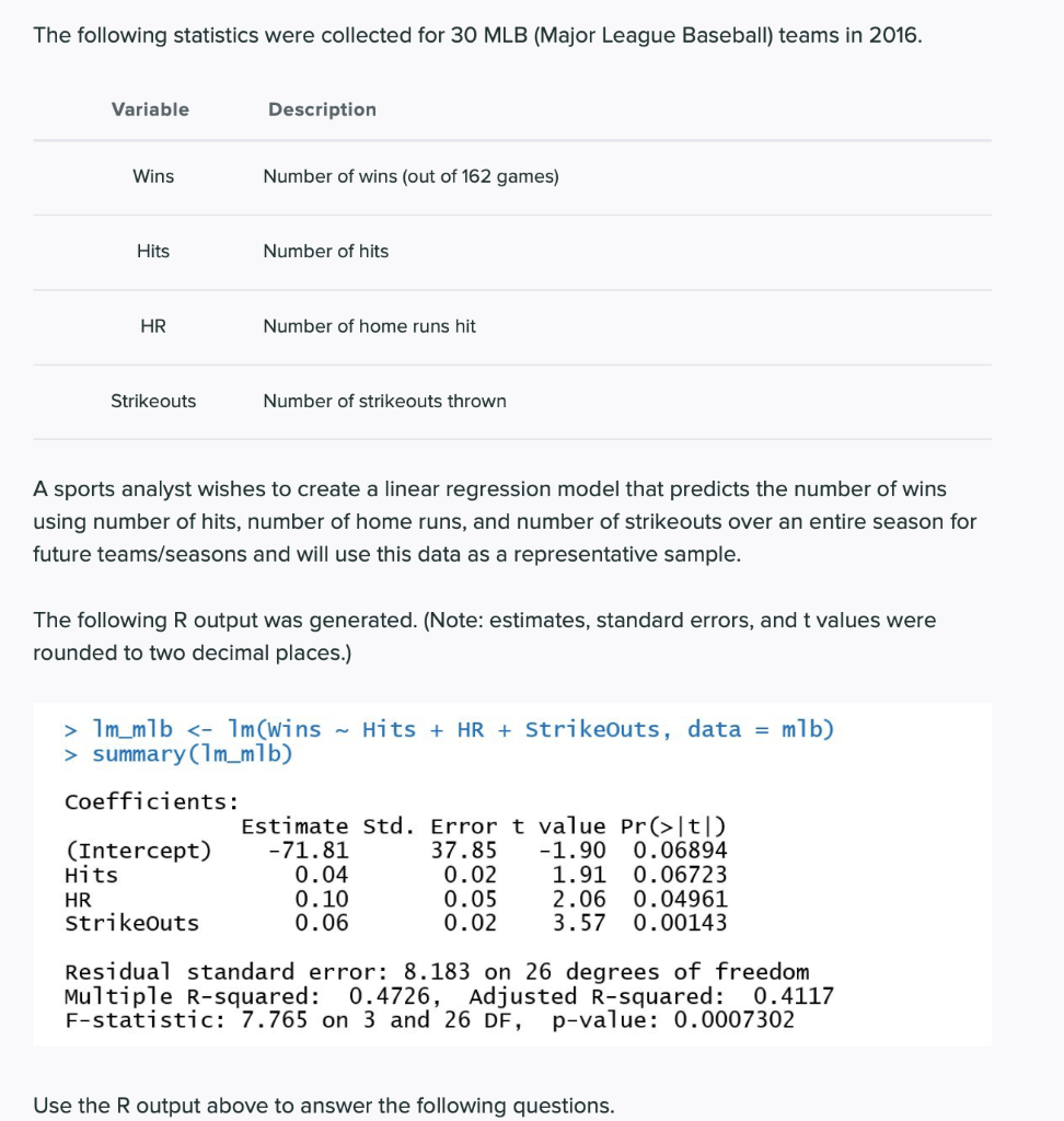 Solved A sports analyst wishes to create a linear regression | Chegg.com