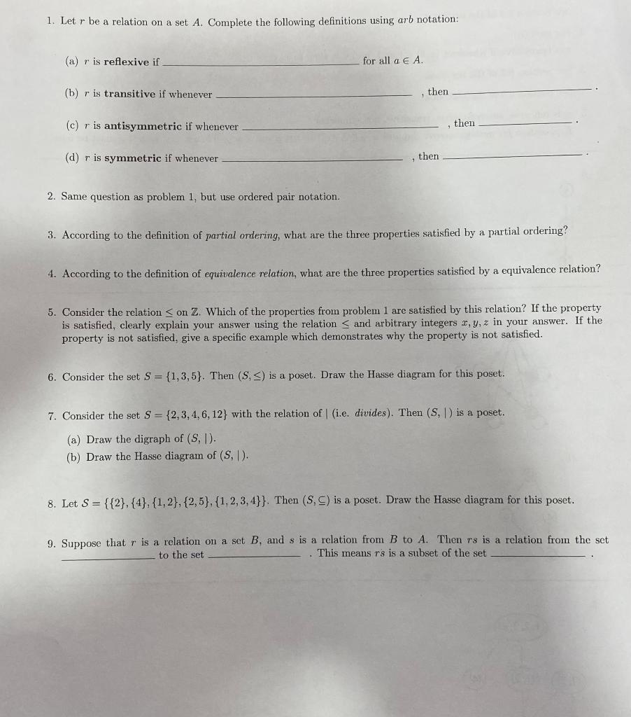 Solved 1. Let R Be A Relation On A Set A. Complete The | Chegg.com