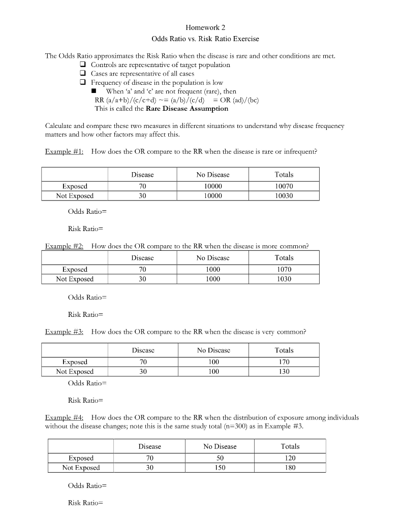 Homework 2 Odds Ratio Vs Risk Ratio Exercise The Chegg Com