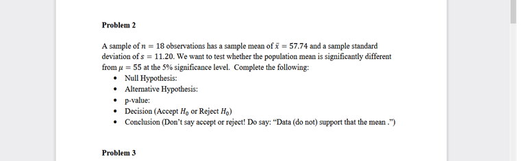 Solved Problem 2 A sample of n = 18 observations has a | Chegg.com