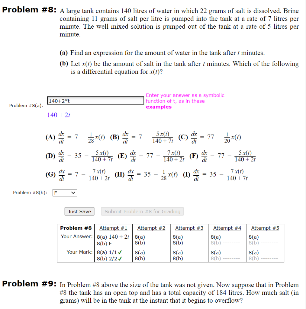 Solved Problem #8: A large tank contains 140 litres of water | Chegg.com