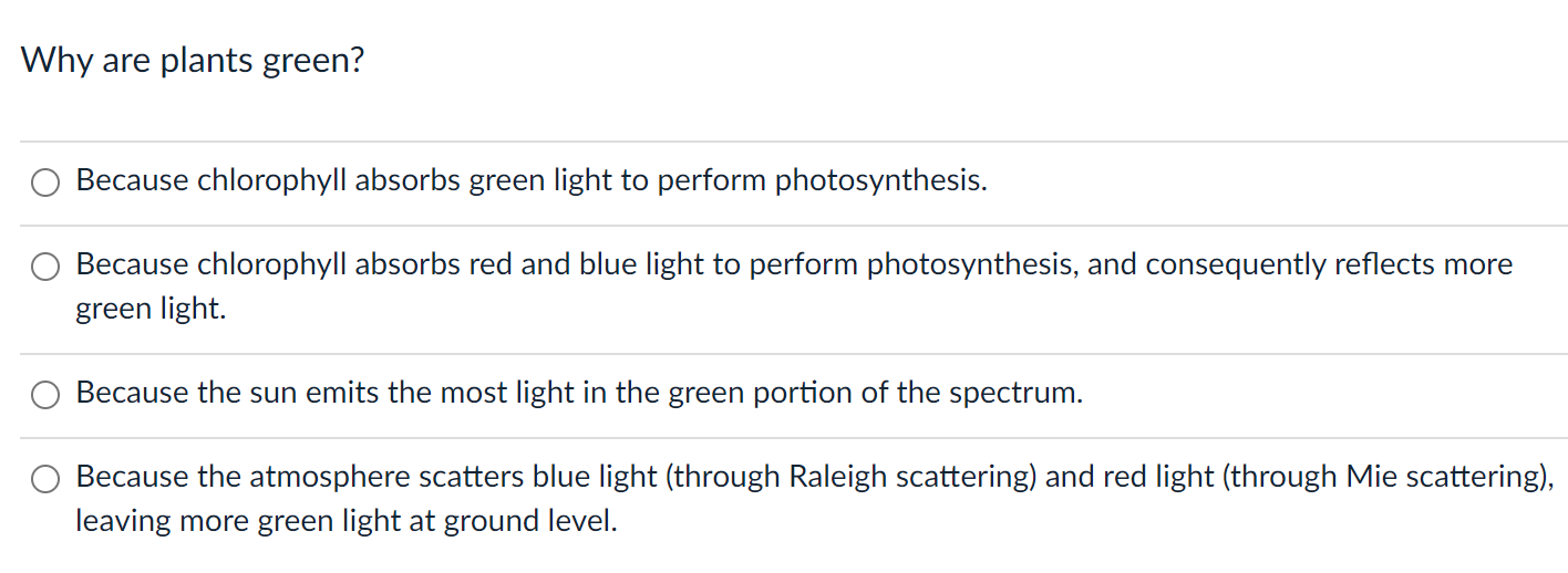 Solved Why are plants green? Because chlorophyll absorbs