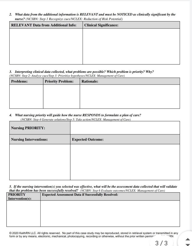2. What data from the additional information is RELEVANT and must be NOTICED as clinically significant by the nurse? (NCSBN: