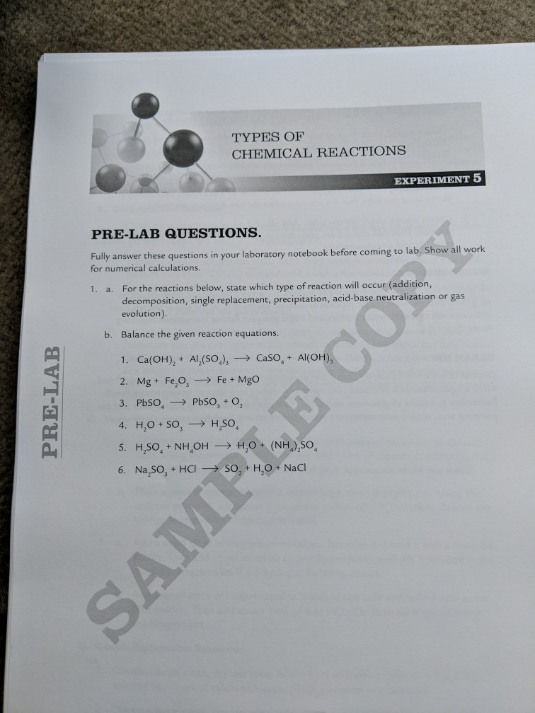 Solved TYPES OF CHEMICAL REACTIONS EXPERIMENT 5 PRELAB