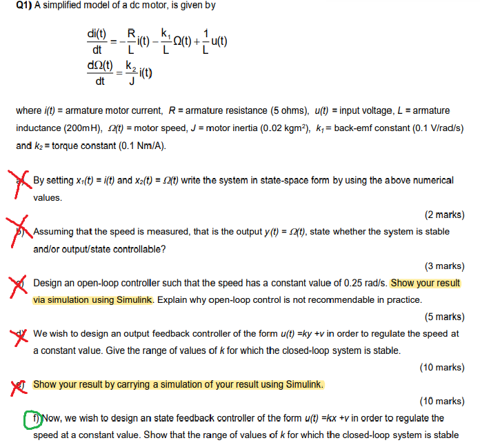 Solved Q1) A simplified model of a dc motor, is given by de | Chegg.com