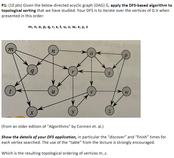 Solved P1: (10 pts) Given the below directed acyclic graph | Chegg.com