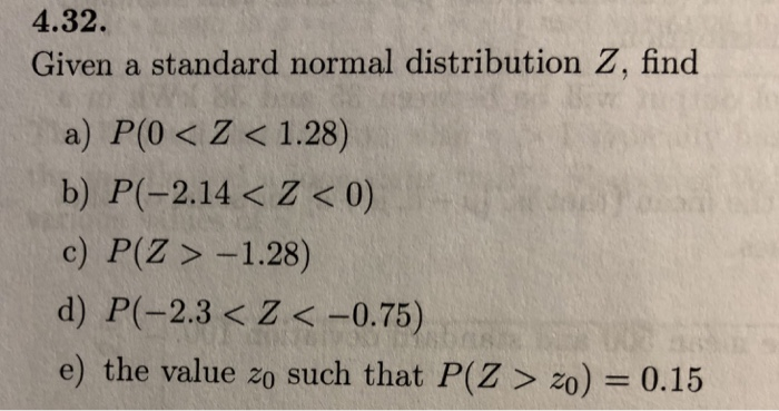 Solved 4.32. Given a standard normal distribution Z, find a) | Chegg.com